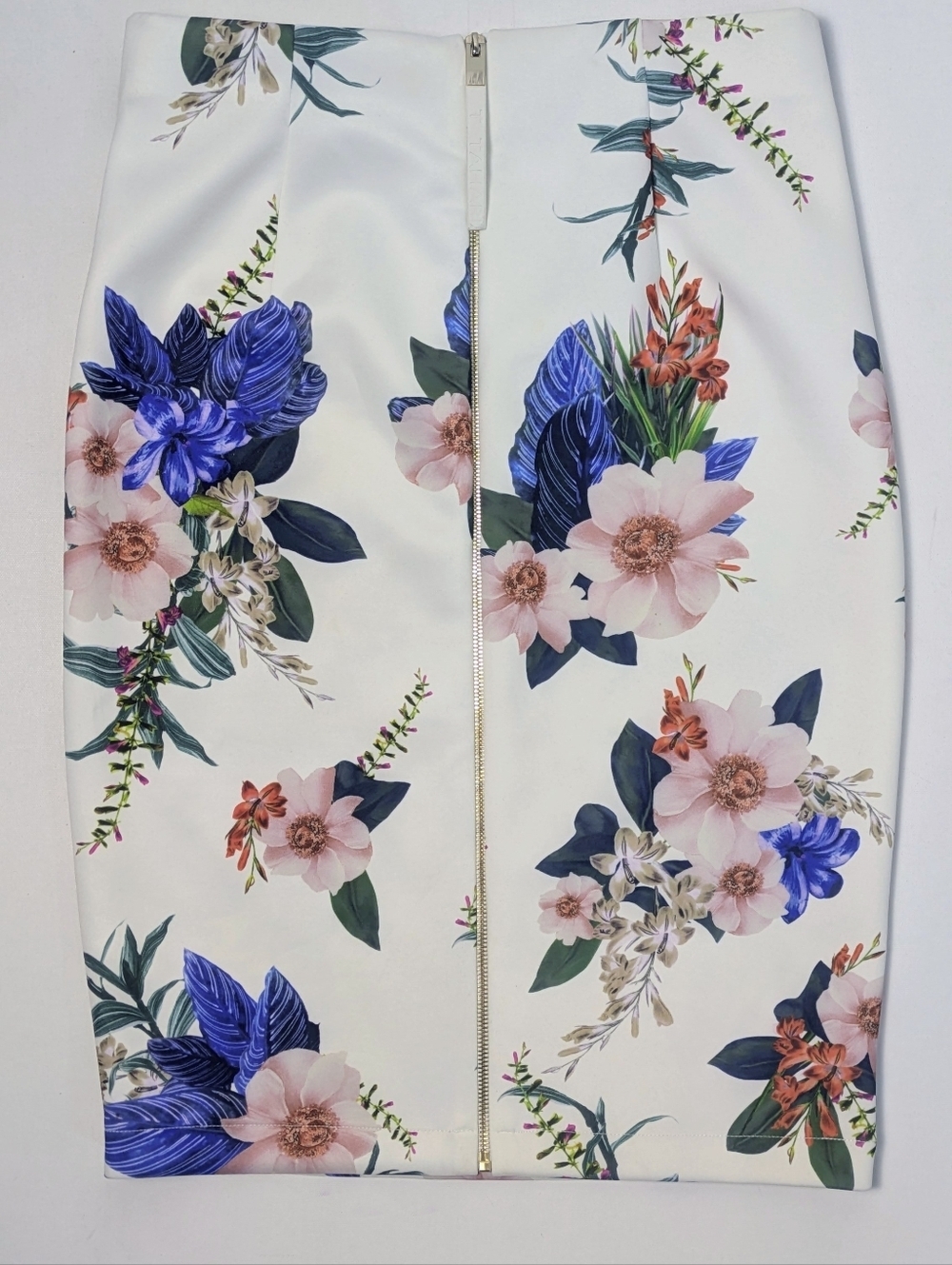 Tahari Pencil Min Slimi Skirt Floral White Gold Zipper Sz M Preppy Feminine EUC